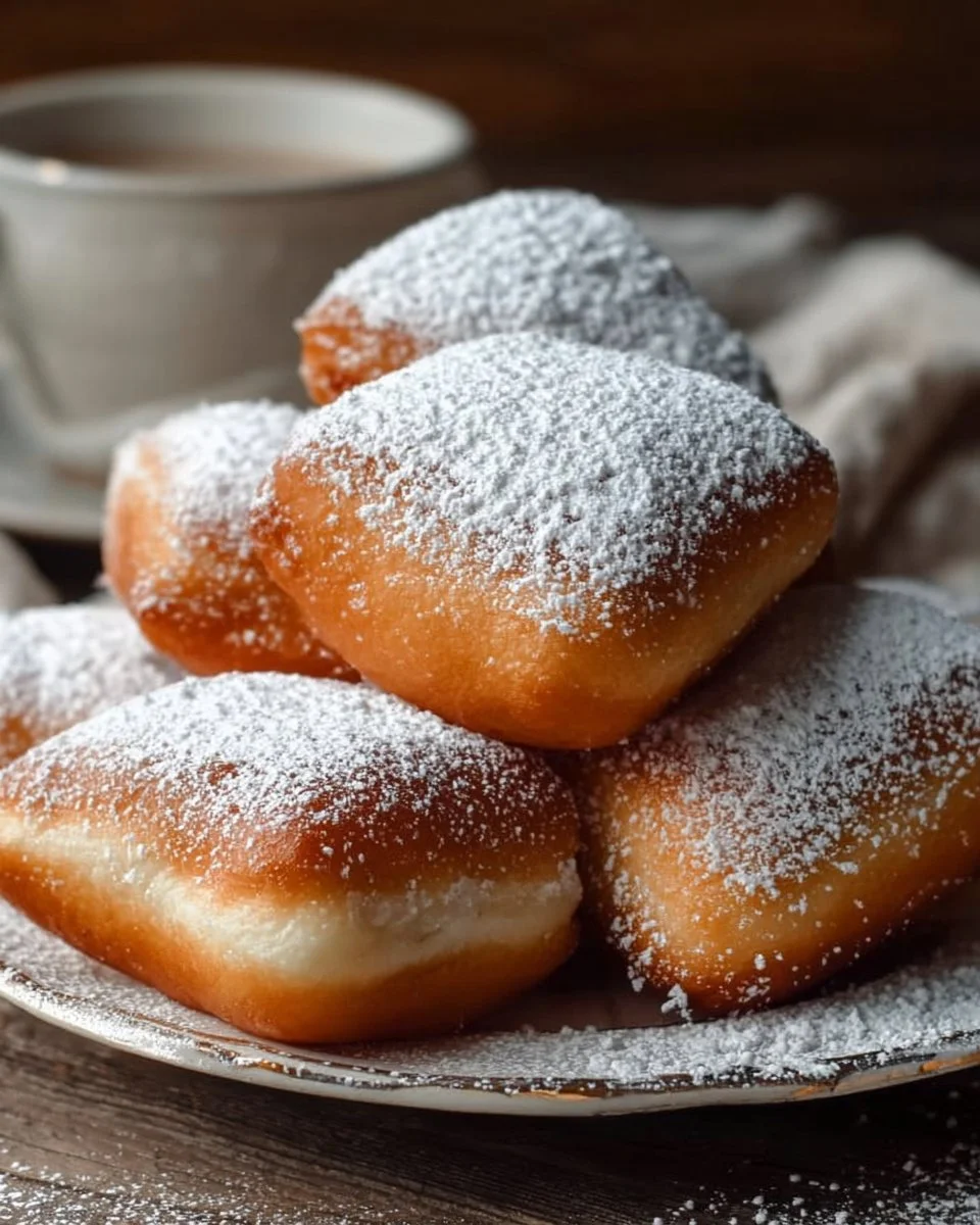 Plate of fluffy vanilla beignets dusted with powdered sugar