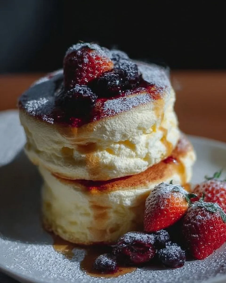 Fluffy Japanese soufflé pancakes stacked high, topped with syrup and fresh fruit.