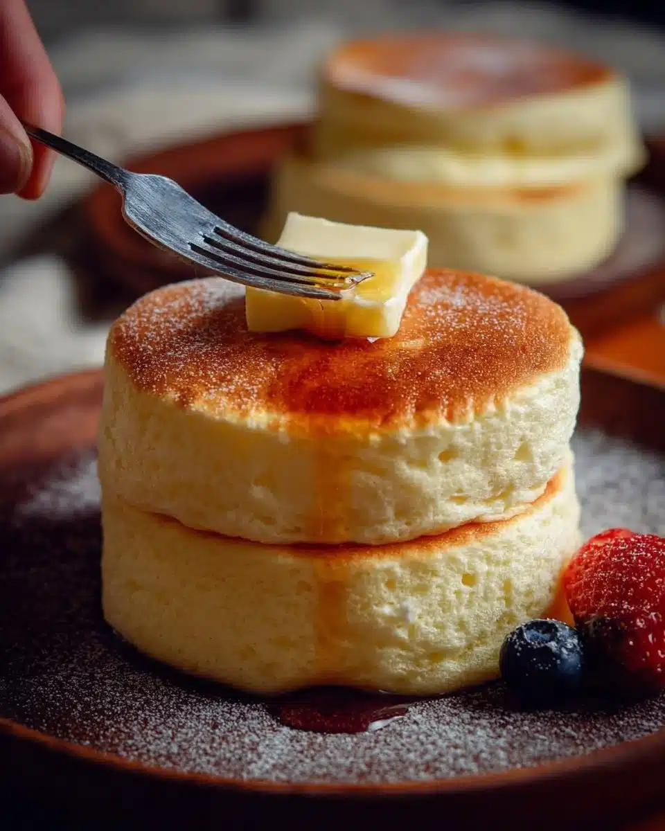 Fluffy Japanese soufflé pancakes stacked with syrup and fruit on top