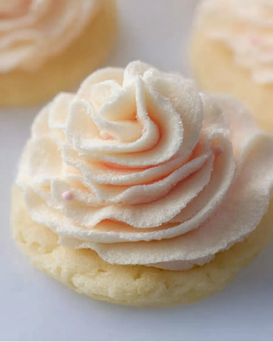 Fluffy vanilla buttercream frosting on sugar cookies