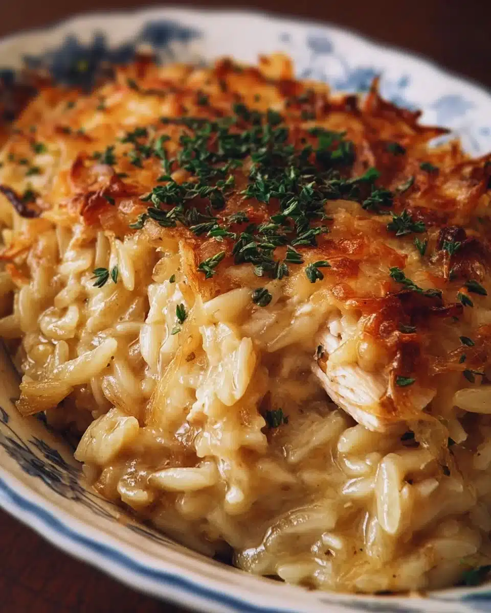 French onion chicken orzo casserole topped with melted cheese