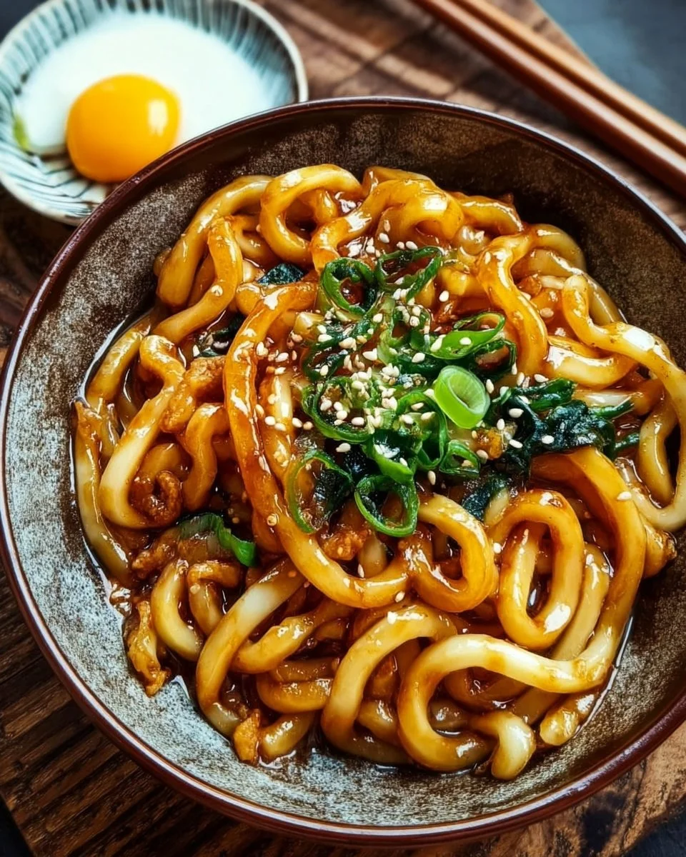 Delicious plate of Fried Udon with vegetables and toppings.