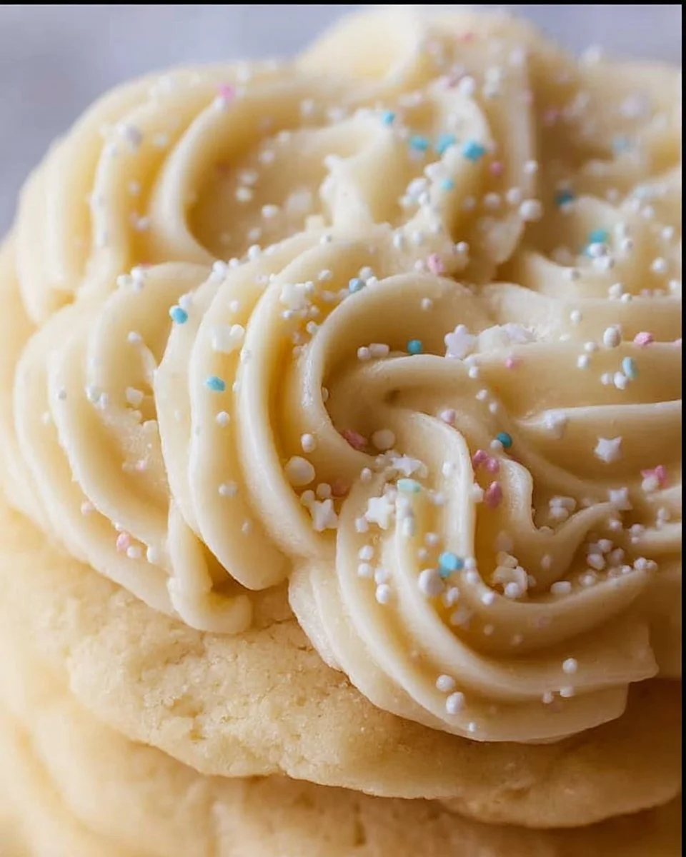 Delicious frosting on sugar cookies decorated with colorful sprinkles.