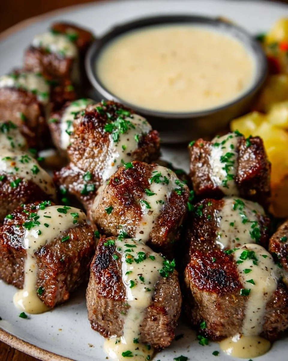 Delicious Garlic Butter Steak Bites topped with rich Parmesan cream sauce.