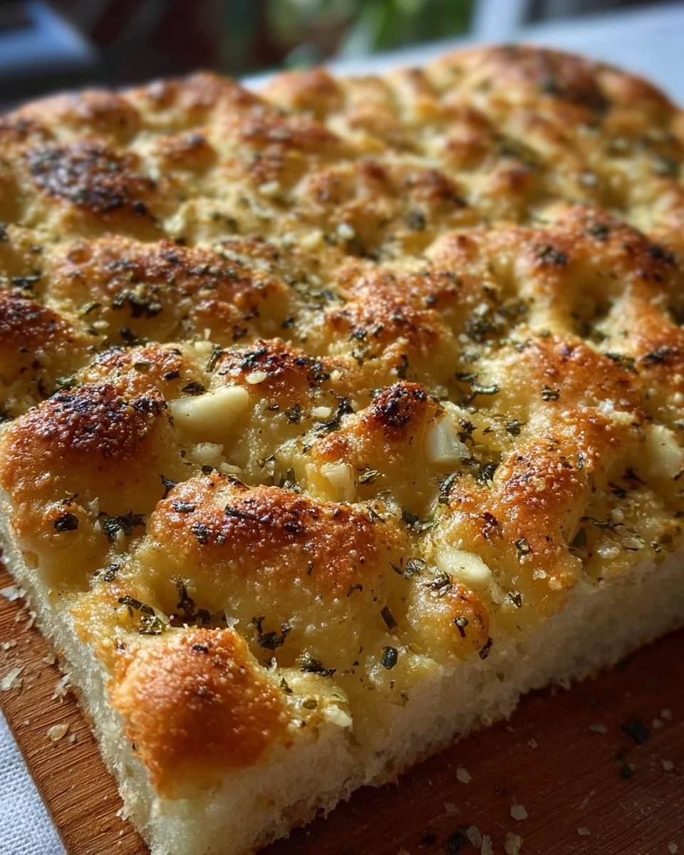 Freshly baked garlic parmesan focaccia bread with herbs.