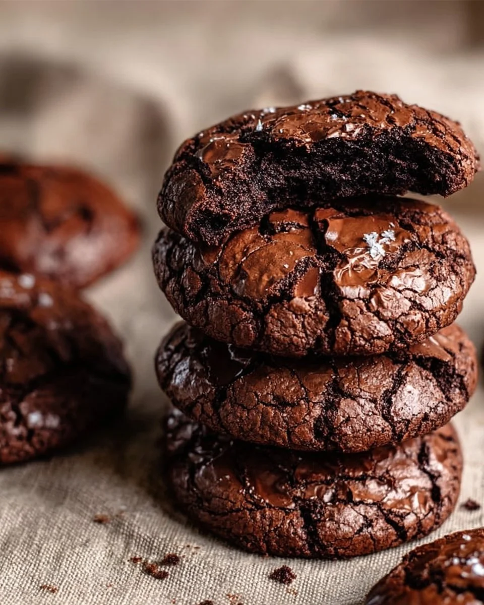 Gourmet brownie cookies stacked on a plate, showcasing their rich chocolate texture.