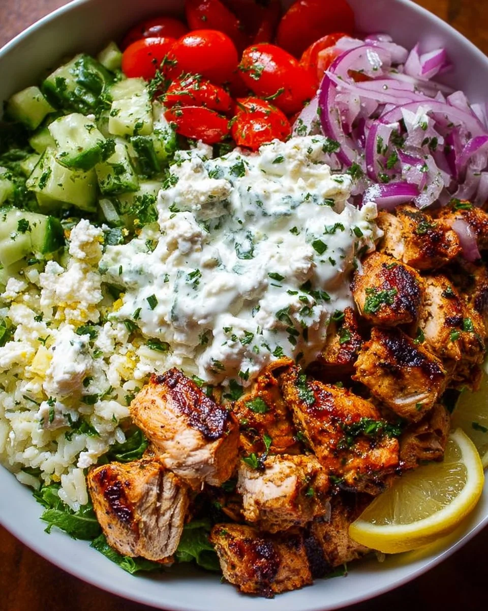 Greek Chicken Bowl with fresh vegetables and herbs