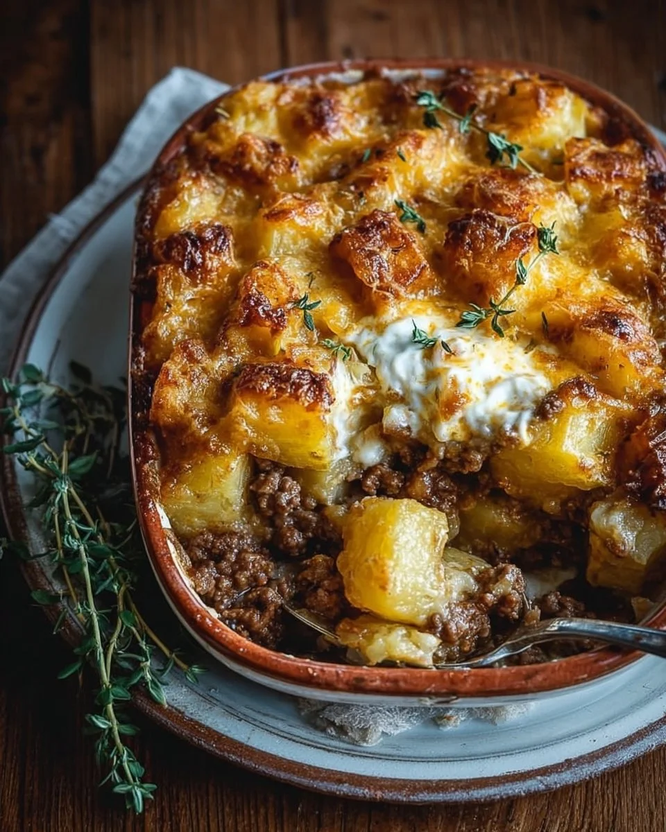 Delicious ground beef and potatoes casserole served in a baking dish