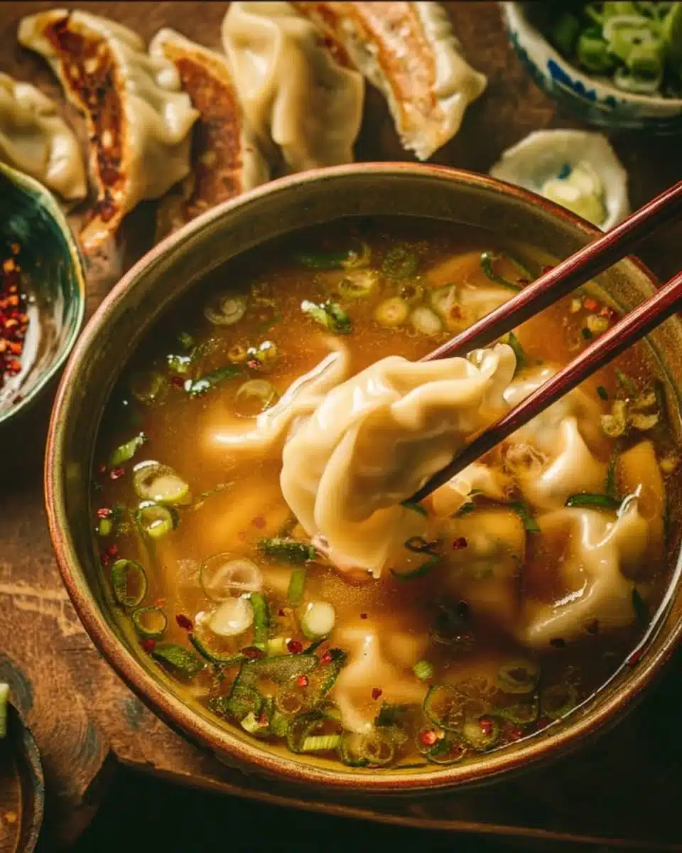 A bowl of Gyoza Soup with dumplings and vegetables in a rich broth