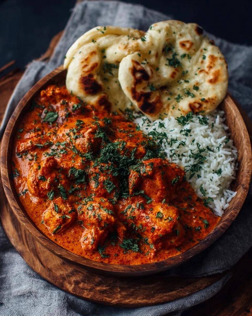 Delicious plate of homemade butter chicken with creamy sauce and spices