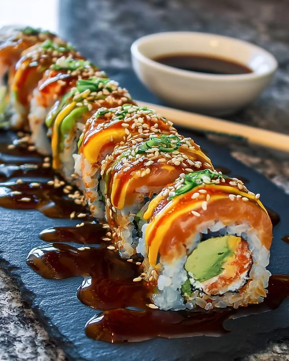 Homemade dragon rolls with sushi ingredients and vibrant toppings