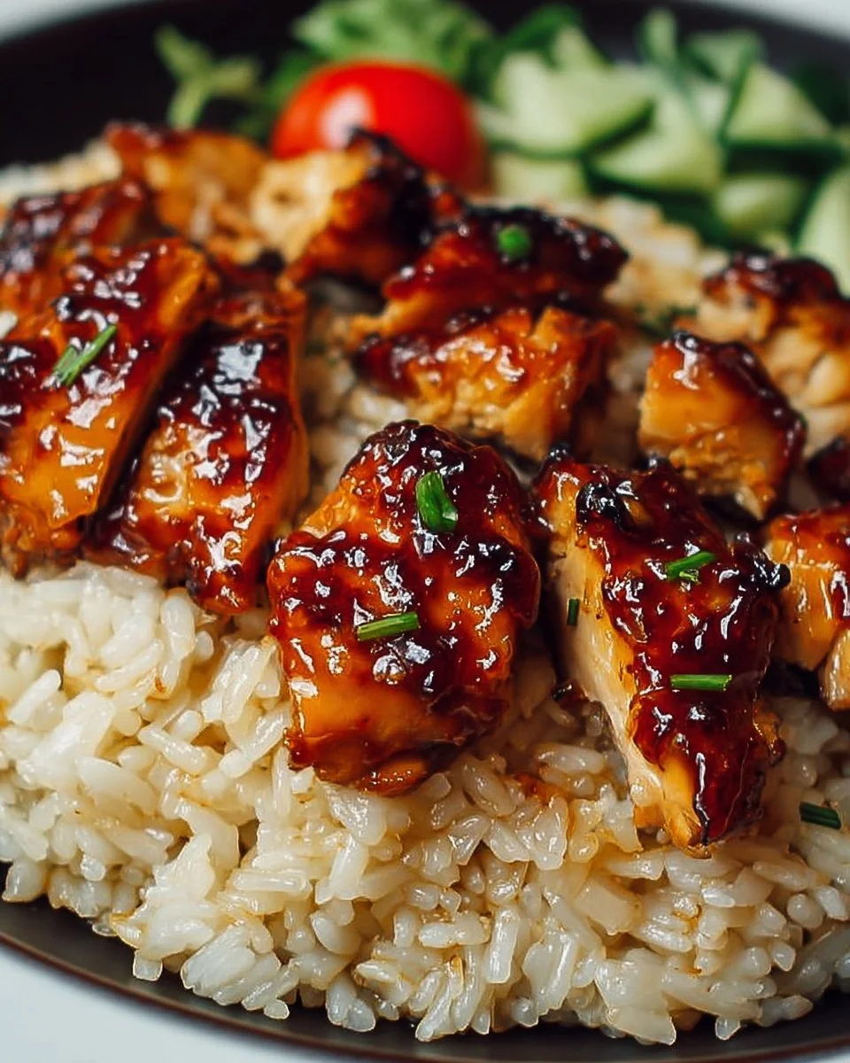 Delicious Honey BBQ Chicken served over rice, featuring sweet and tangy flavors.