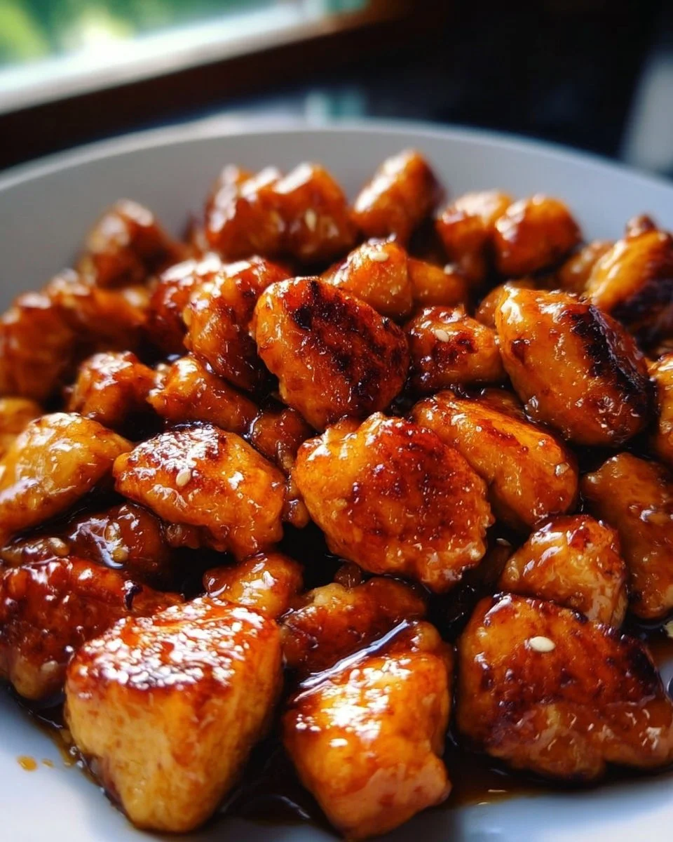 Delicious honey garlic chicken bites served with garnishes.