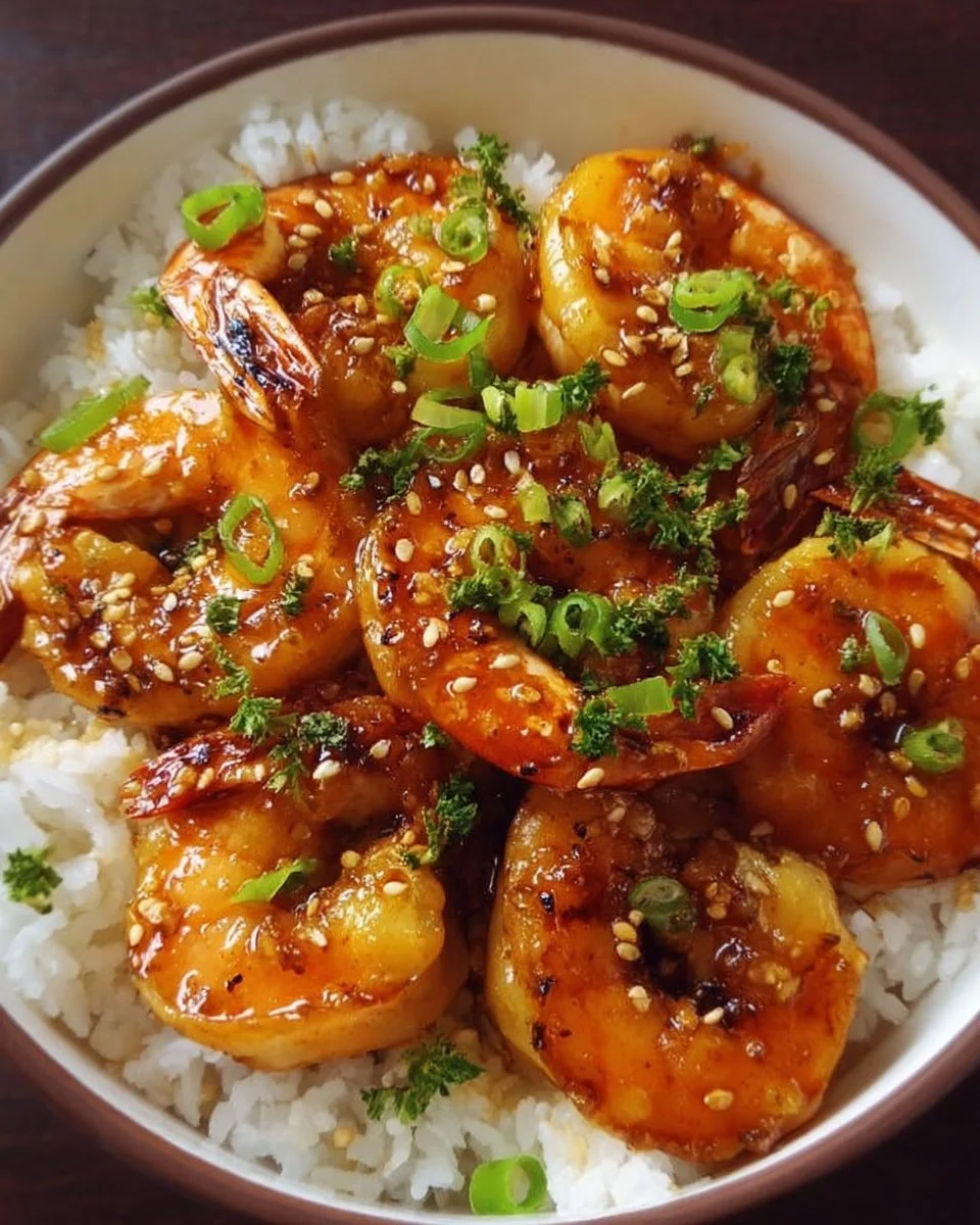 Honey garlic shrimp bowls with vegetables and rice for a healthy meal
