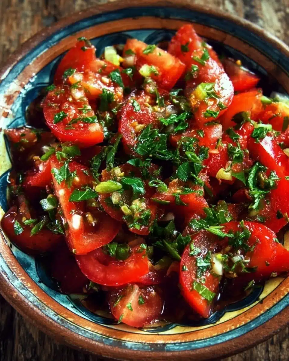 Lebanese tomato salad featuring fresh tomatoes, herbs, and zesty dressing.