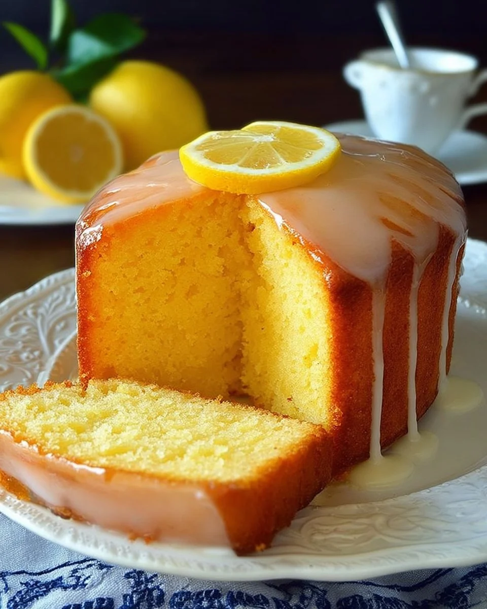 Delicious homemade lemon cake with lemon icing and fresh lemon slices.