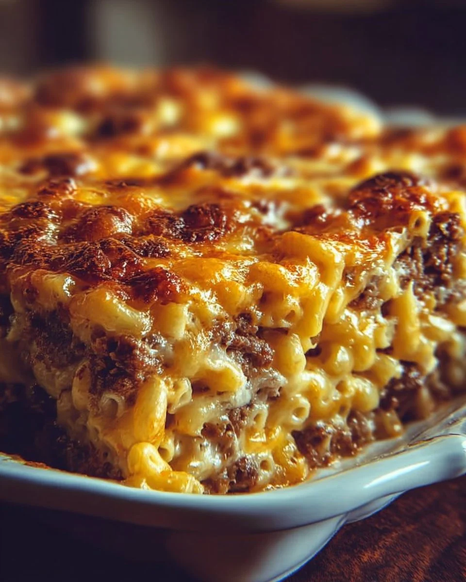 Baked Macaroni and Cheese Meatloaf Casserole topped with cheese and breadcrumbs
