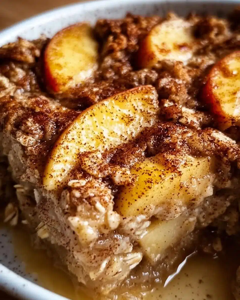 Baked oatmeal with apples served in a dish, perfect for breakfast.