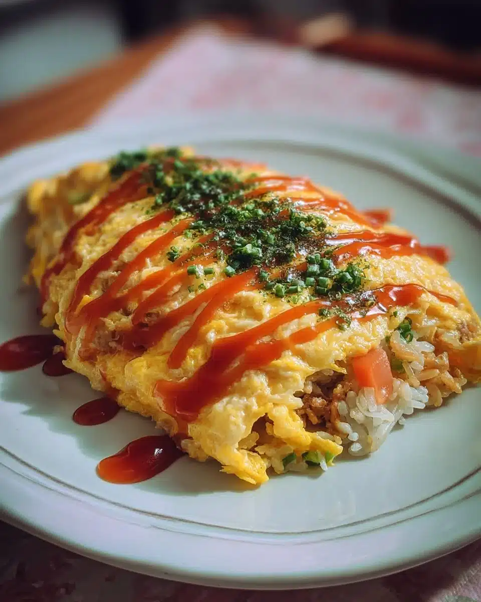 Plate of Omelette Rice topped with ketchup and garnished with parsley