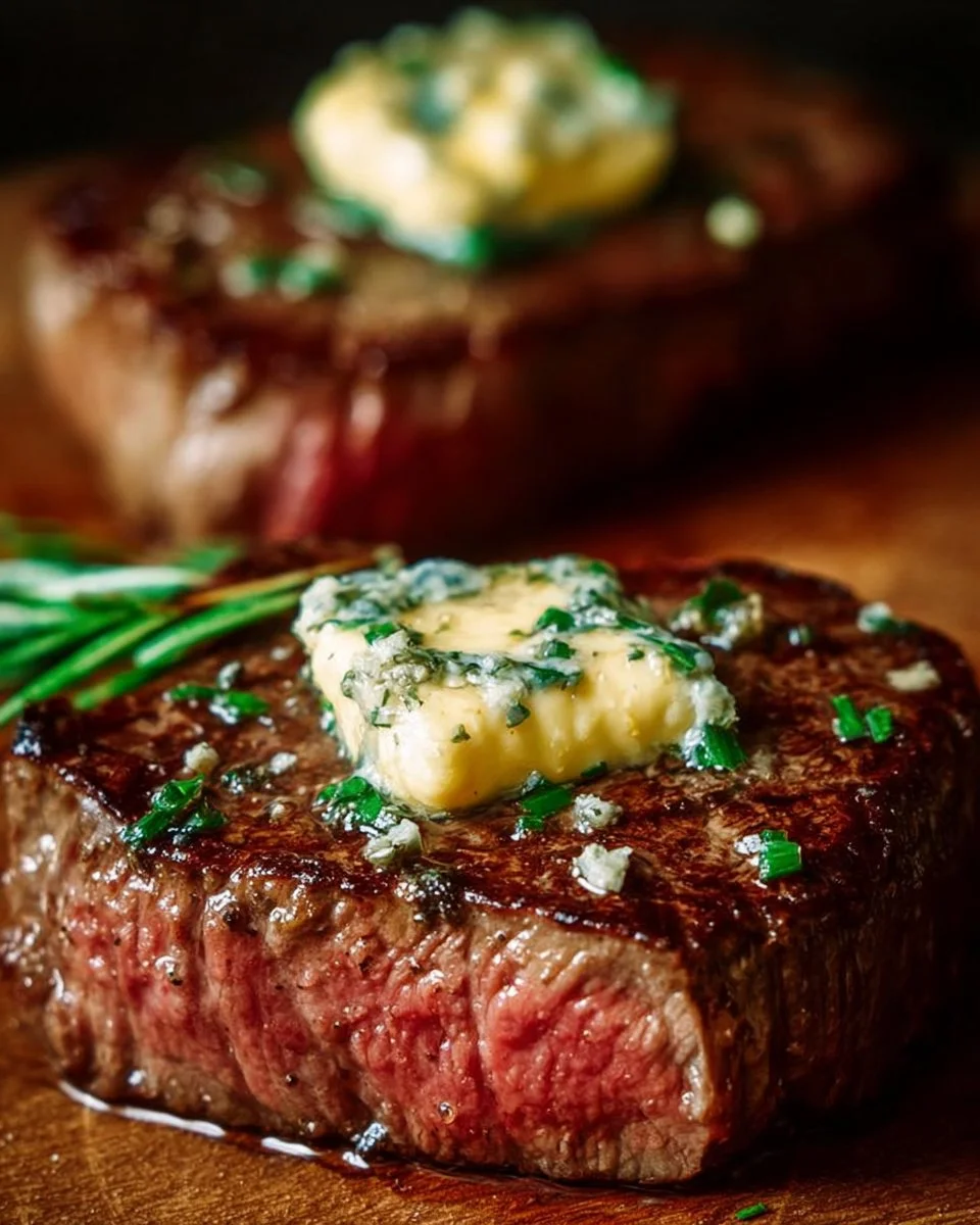 Photo of pan seared steak topped with garlic butter on a plate