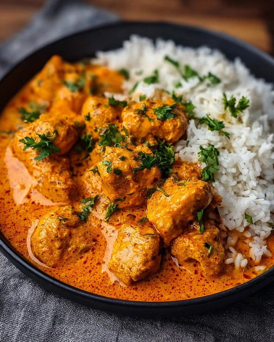 Delicious homemade butter chicken served with rice and garnished with cilantro