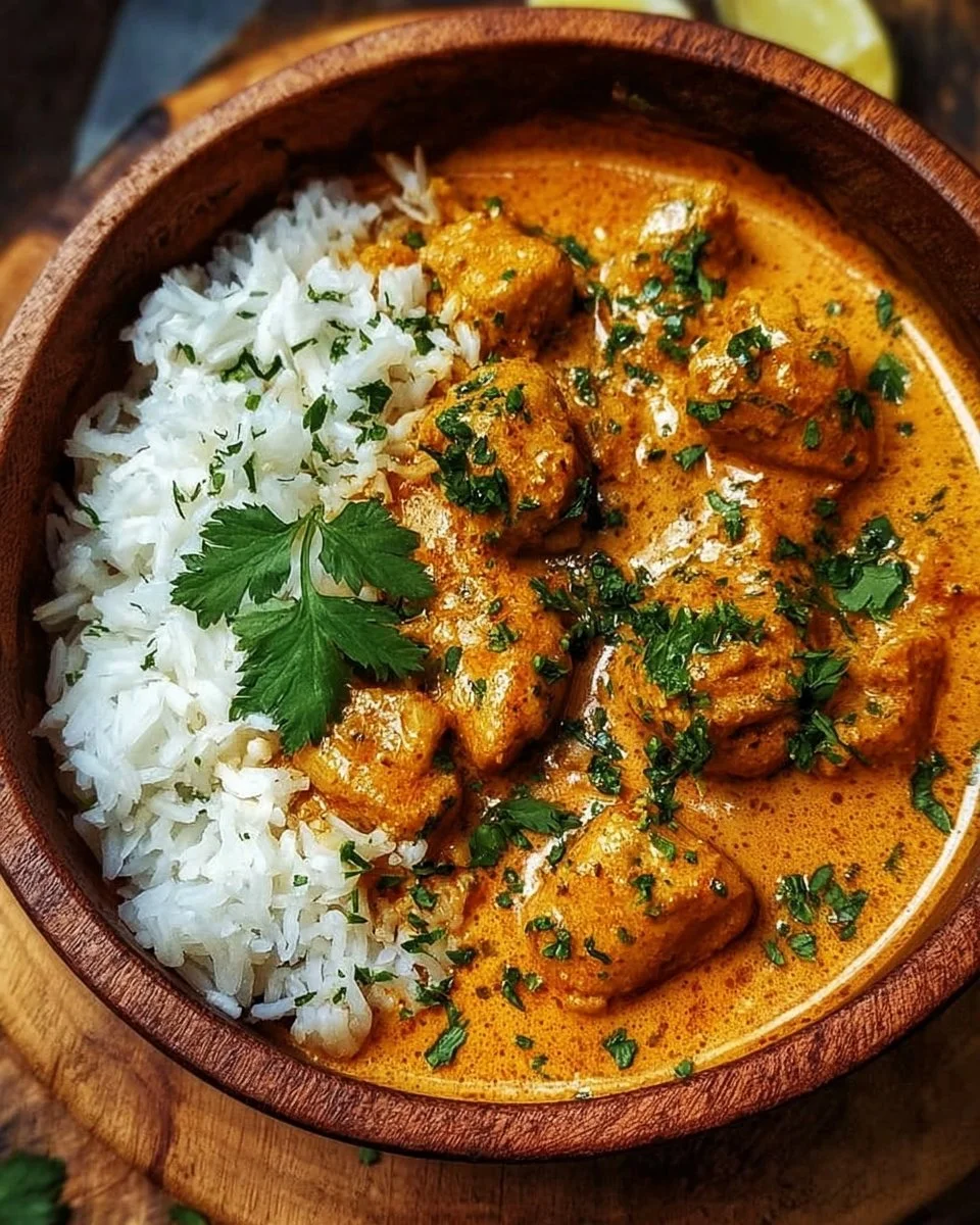 Delicious homemade butter chicken served with rice and naan bread