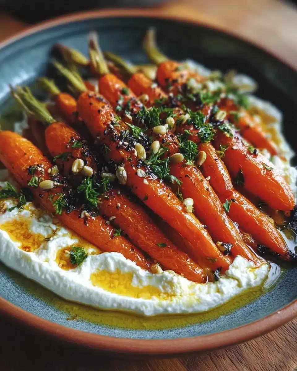 Plate of roasted carrots with whipped ricotta and hot honey drizzle