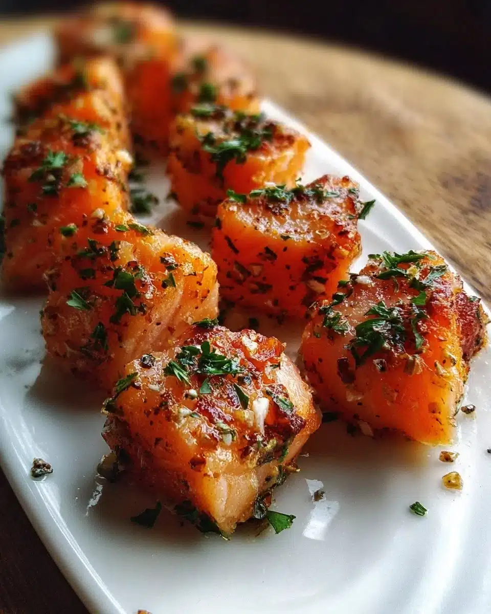 Delicious salmon bites served as an appetizer with dipping sauce.