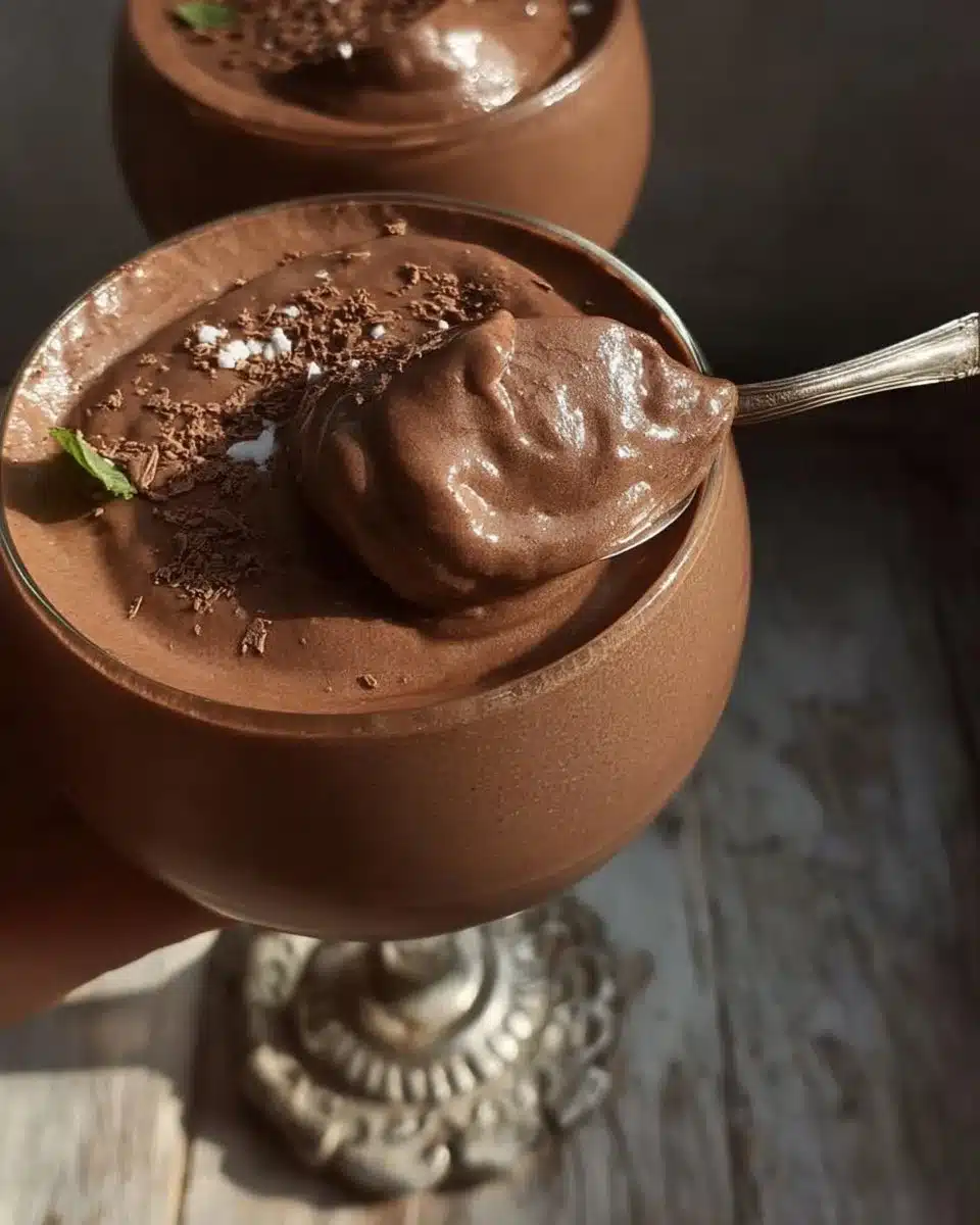 Creamy silken tofu chocolate mousse in a dessert bowl, garnished with chocolate shavings.