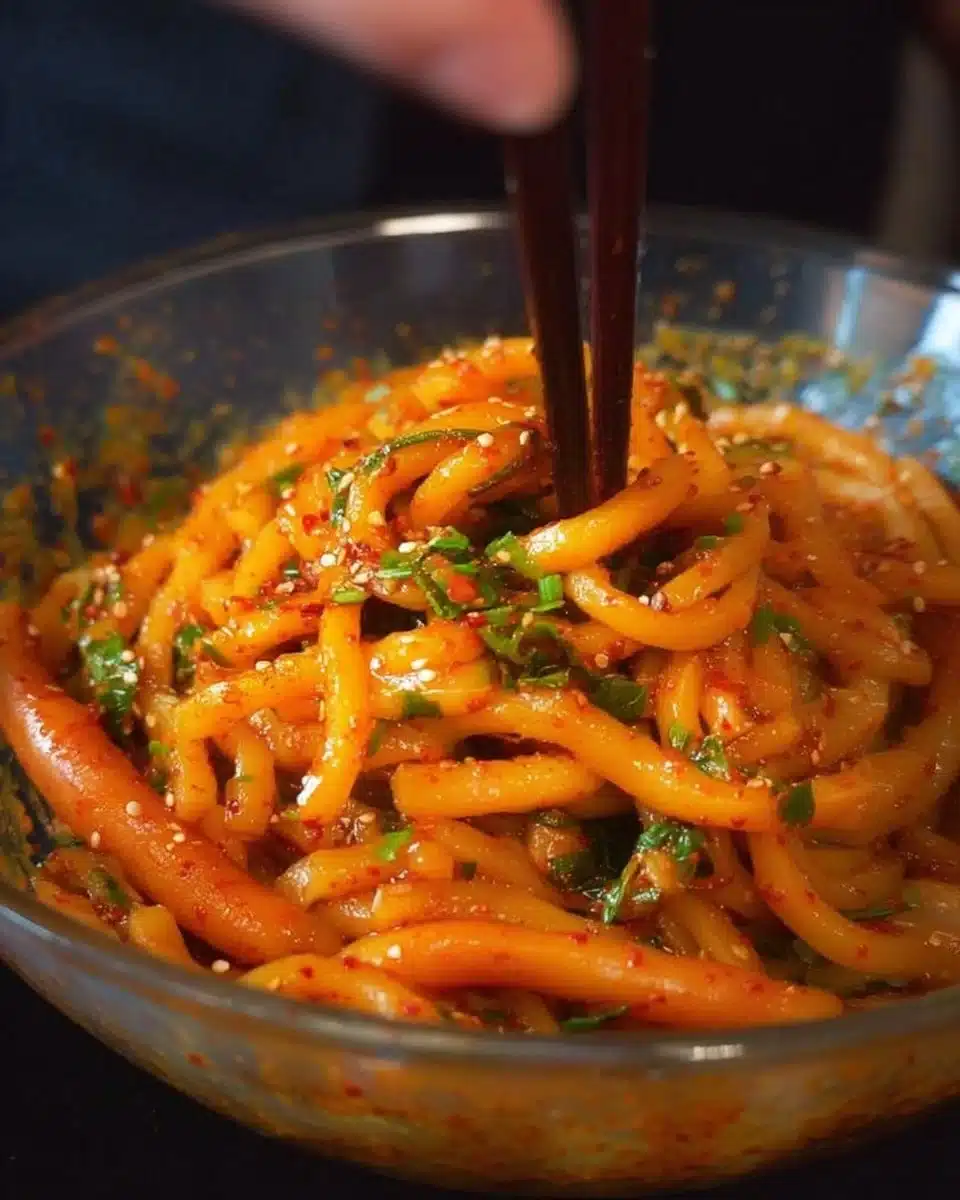 A bowl of spicy potato noodles garnished with herbs and spices