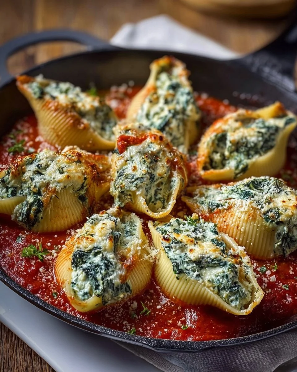 Delicious spinach and ricotta stuffed shells in a creamy sauce