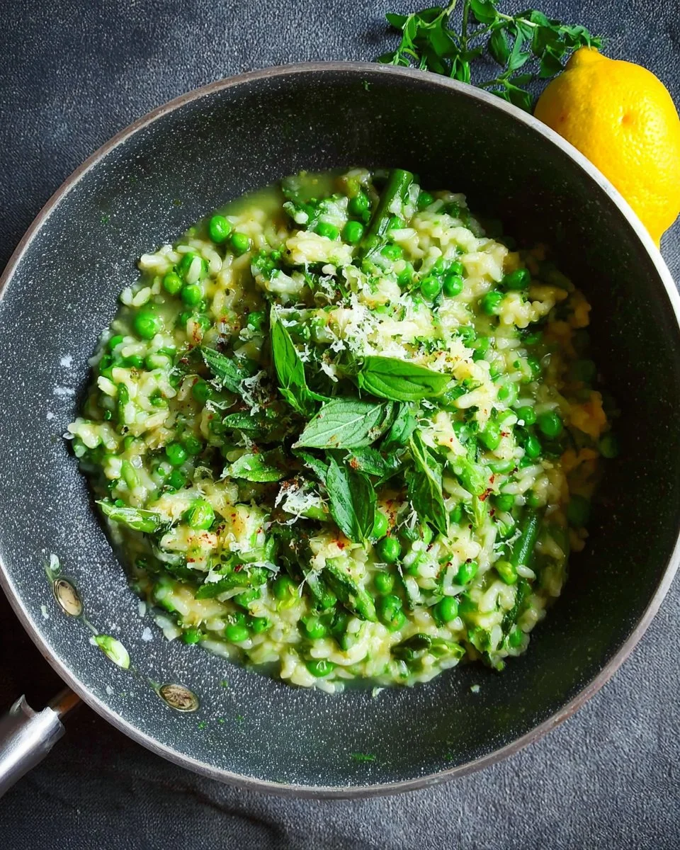 Delicious spring pea risotto garnished with fresh herbs