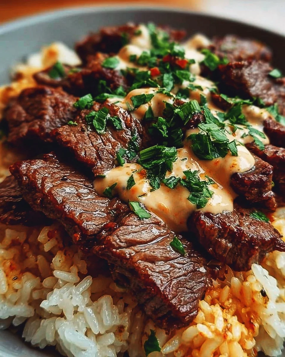 Delicious steak and cheese rice dish topped with melted cheese and fresh ingredients.