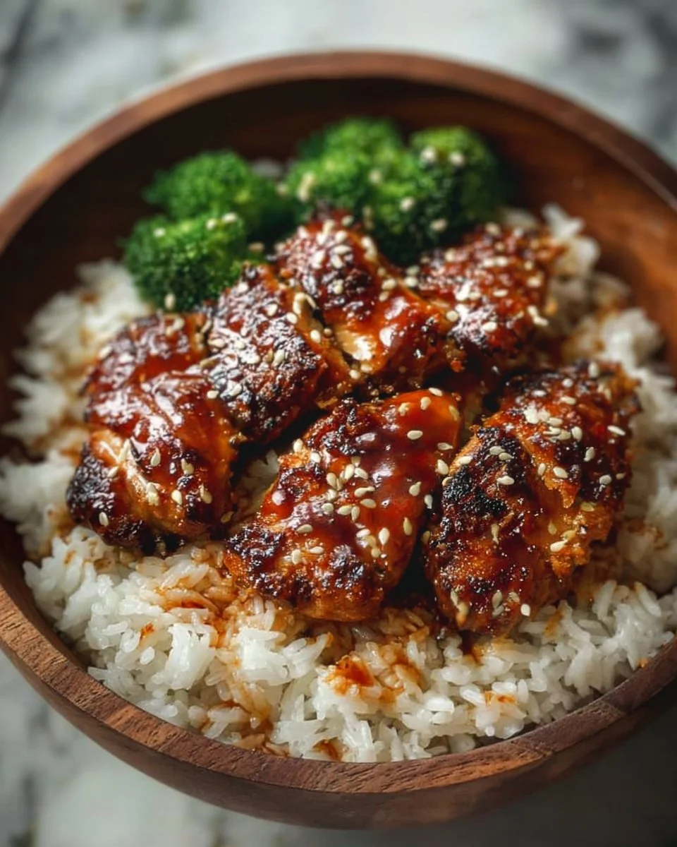 Delicious sticky chicken rice bowls topped with fresh vegetables and herbs