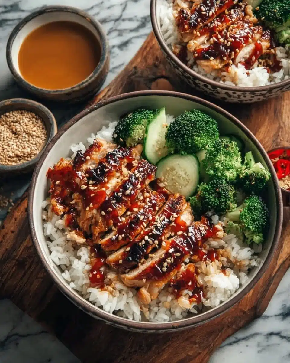 Delicious sticky chicken rice bowl topped with fresh herbs and vegetables