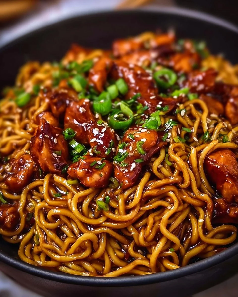 Delicious sticky garlic chicken noodles garnished with fresh herbs