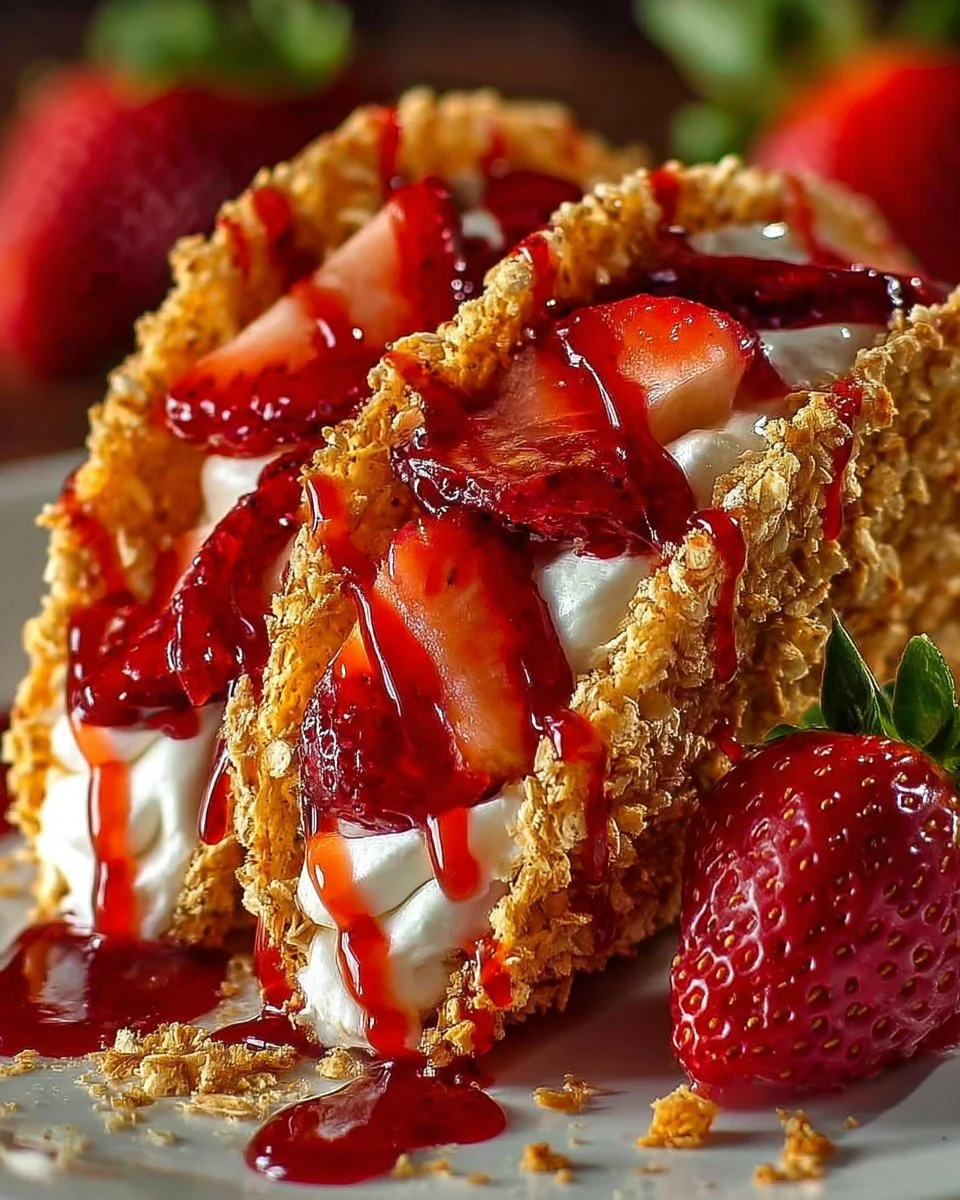 Strawberry Crunch Cheesecake Tacos served on a plate with fresh strawberries