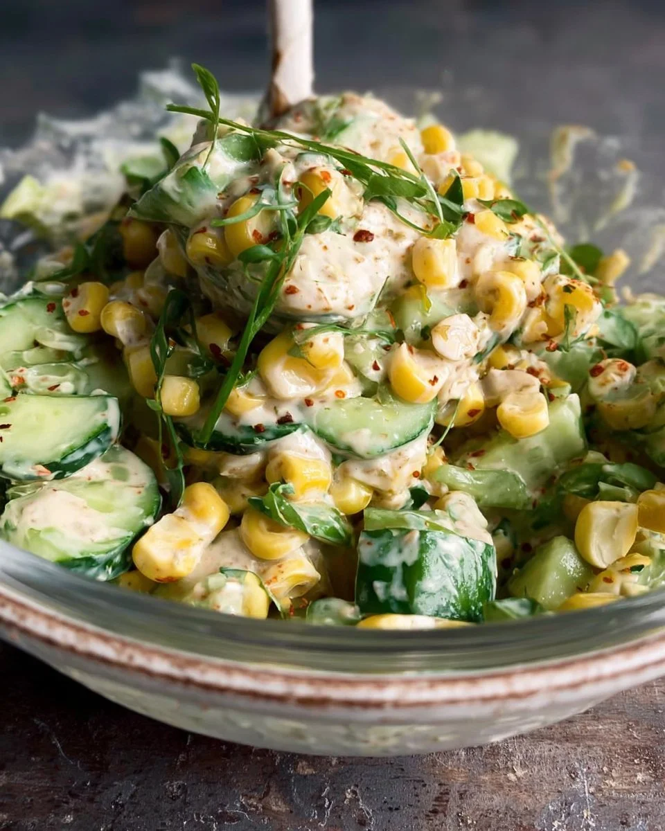 Creamy cucumber salad with street corn, a refreshing summer dish