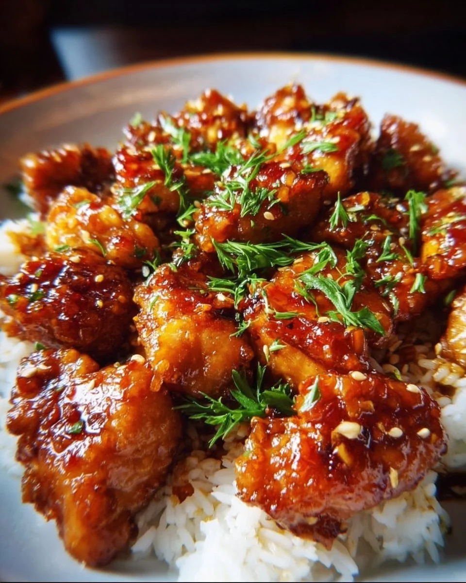 Delicious honey garlic chicken garnished with herbs on a white plate.
