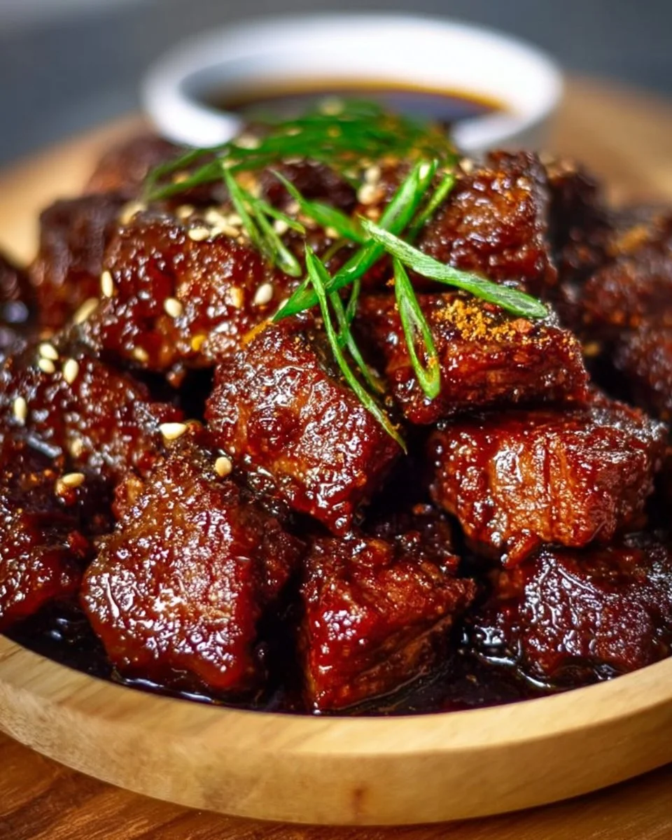 Delicious sweet and sticky steak bites served on a plate.