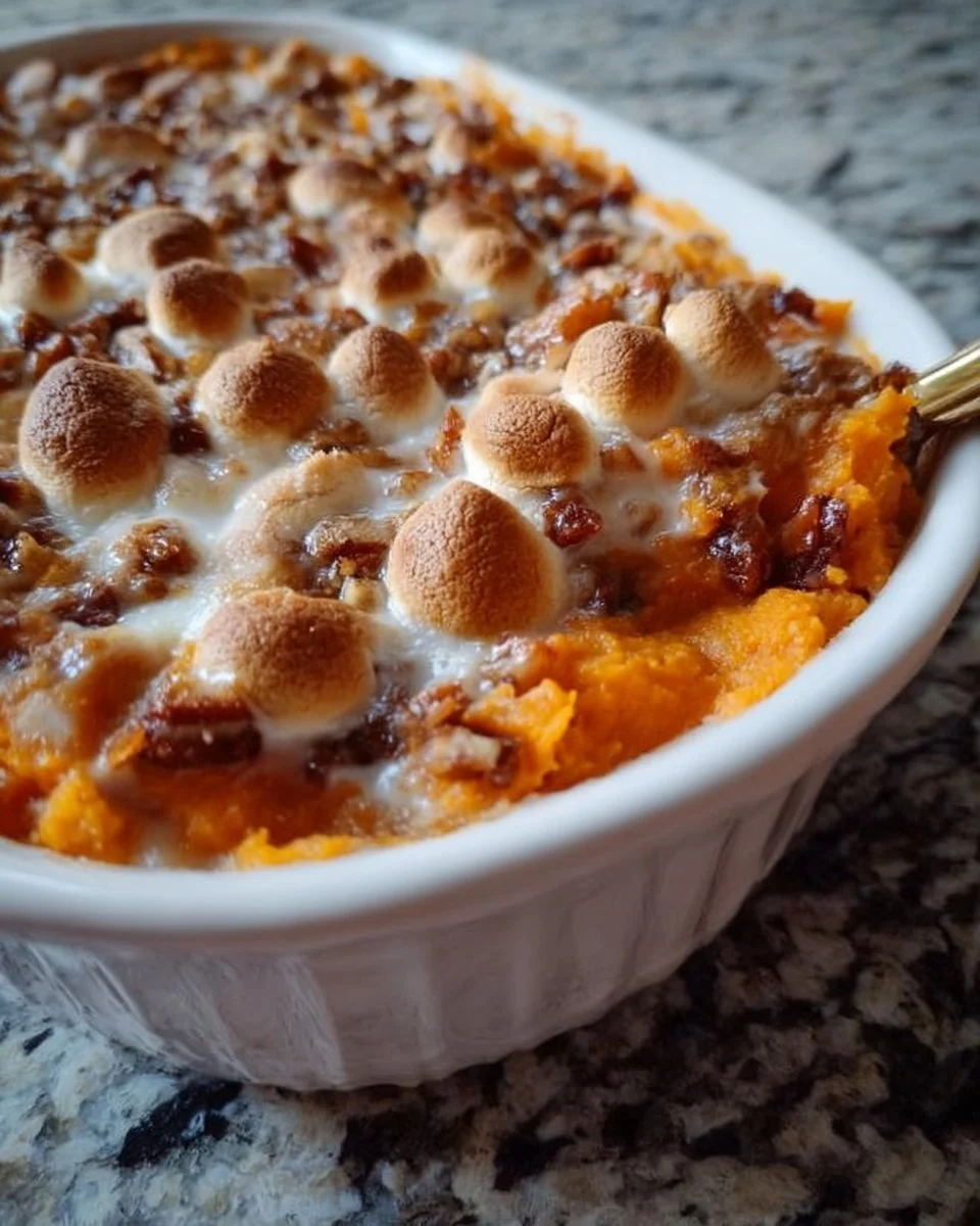Delicious sweet potato casserole topped with marshmallows and pecans