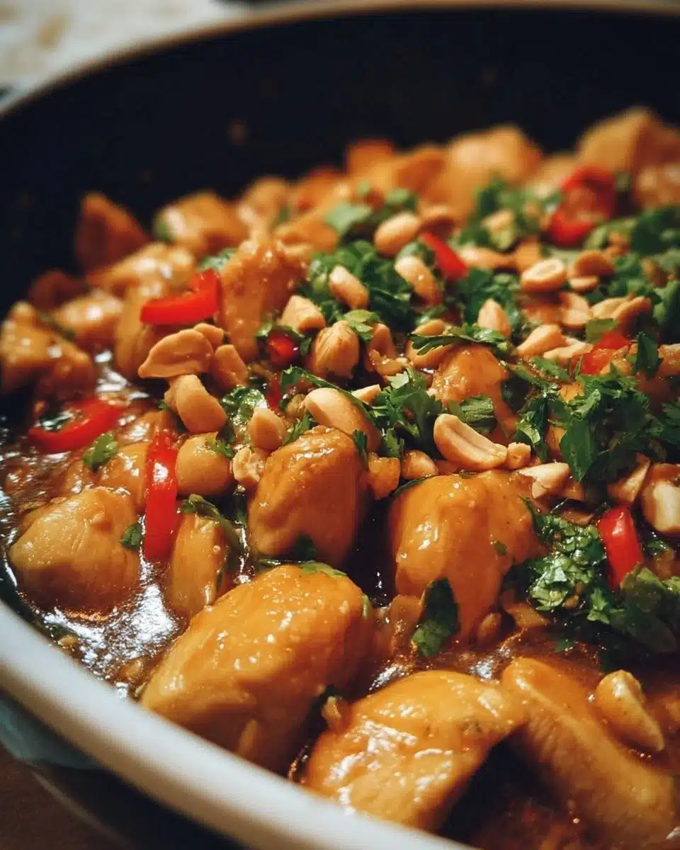 Delicious Thai Peanut Chicken served with vegetables in a rich peanut sauce