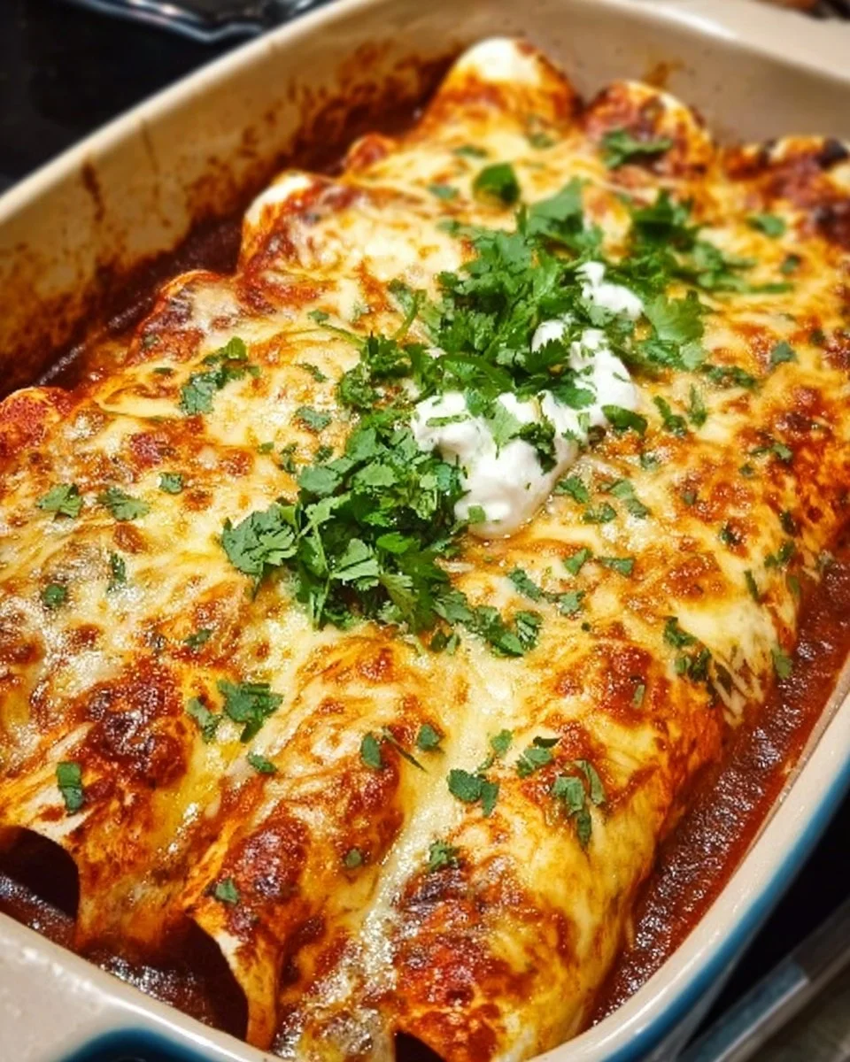 Plate of ultimate quick and easy chicken enchiladas topped with cheese and cilantro.