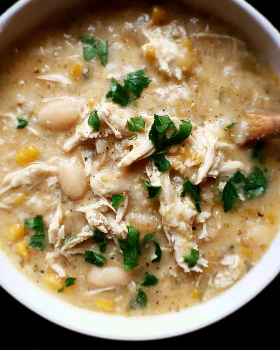 Bowl of delicious White Chicken Chili garnished with cilantro and jalapeños