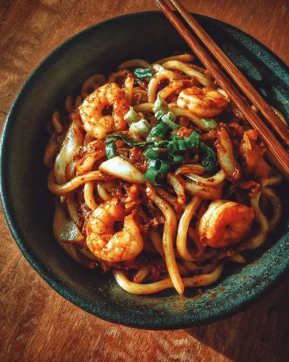 Yaki Udon with shrimp in a colorful bowl garnished with vegetables