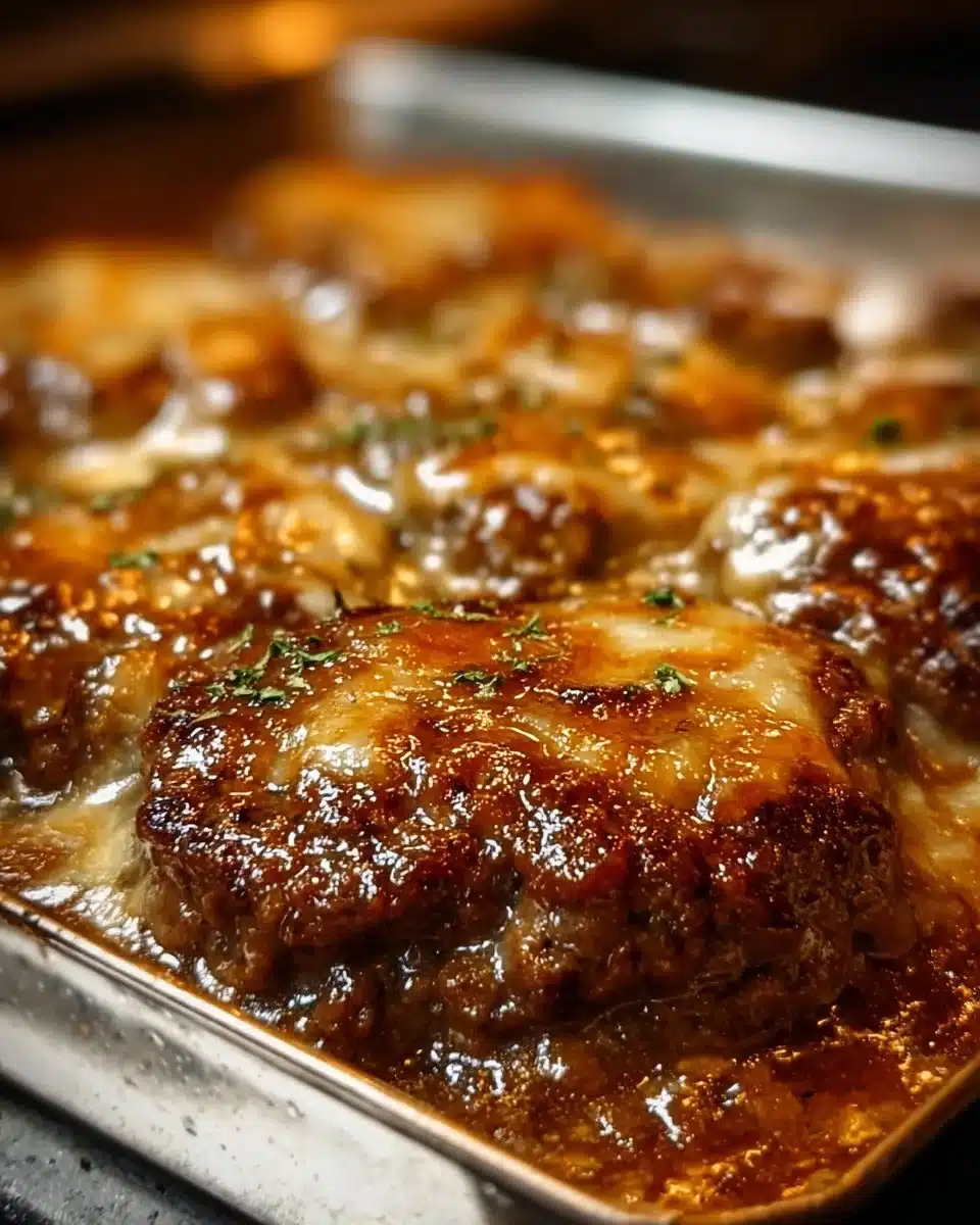 Amish Hamburger Steak Bake served with vegetables and gravy