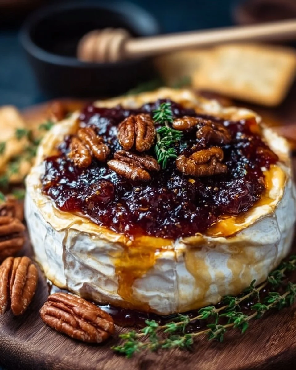 Baked Brie with Fig Jam served on a wooden board garnished with herbs.