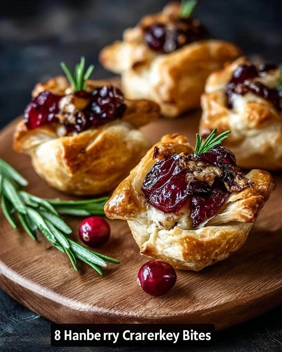 Baked cranberry brie bites on a platter with garnish for a festive appetizer.