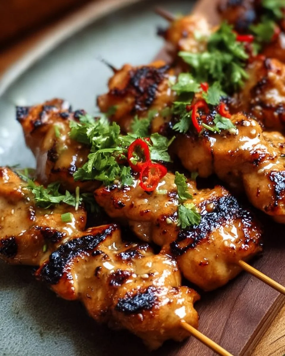 Delicious Bang Bang Chicken Skewers served with dipping sauce
