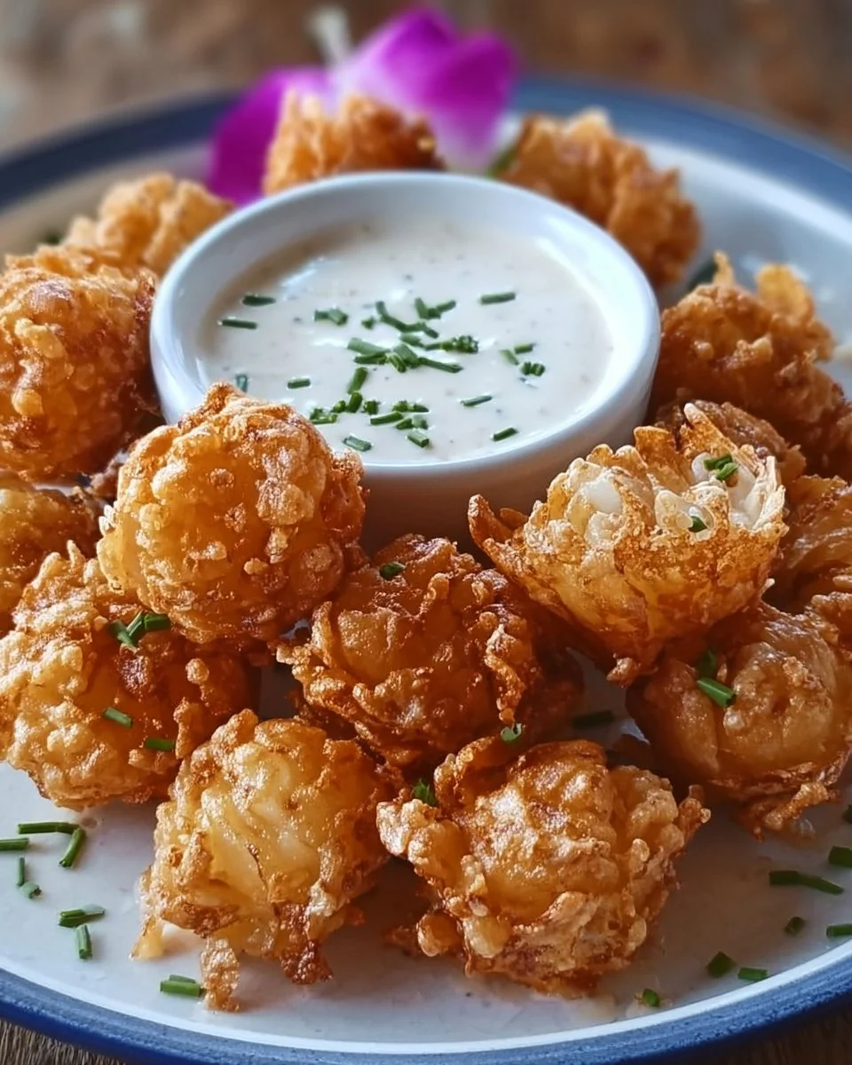Bite-sized blooming onions served with buttermilk ranch dip